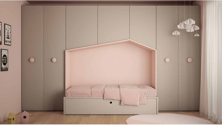 Cama nido cabaña y armarios color rosa 930