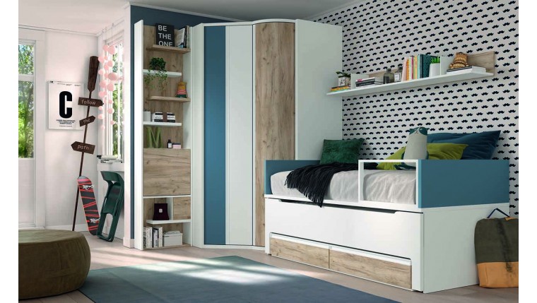 Dormitorio blanco con detalles en azul y madera  436