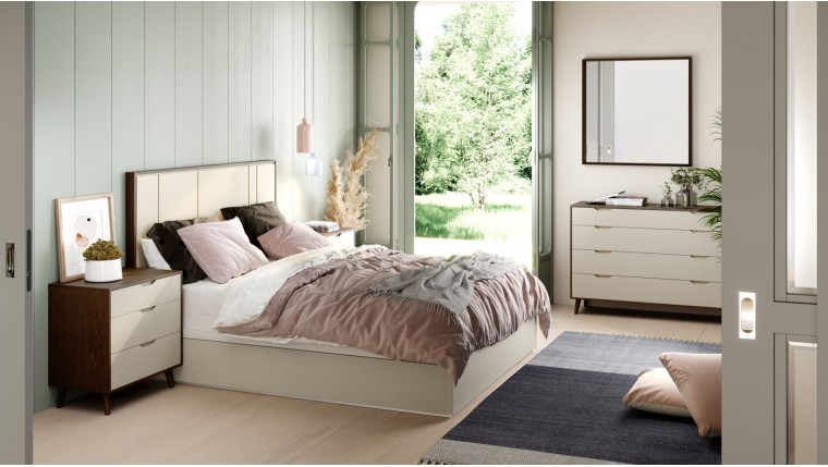 Dormitorio de diseño moderno en madera natural y lacado arena DS277DRMTR08