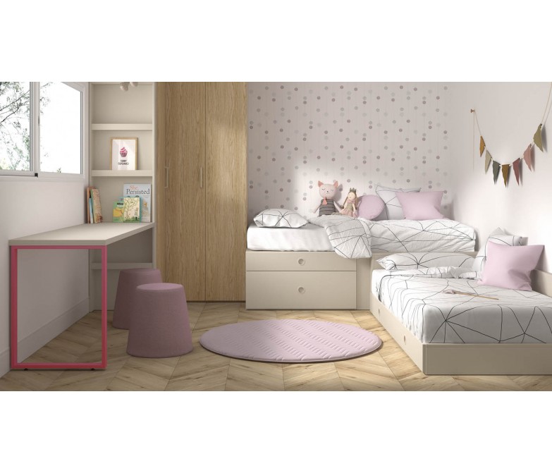 Dormitorio modular juvenil con dos camas en rincón DS449CMP29