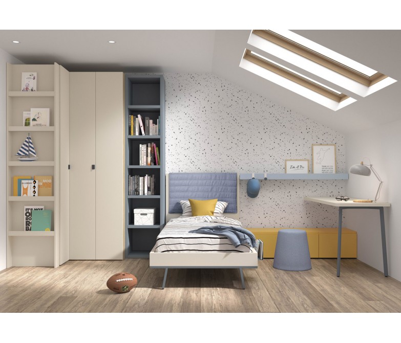 Dormitorio juvenil con cama, armario y zona de estudio DS449CMP44