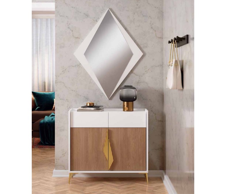 Mueble recibidor con detalles dorados y espejo con forma de rombo DS433H114