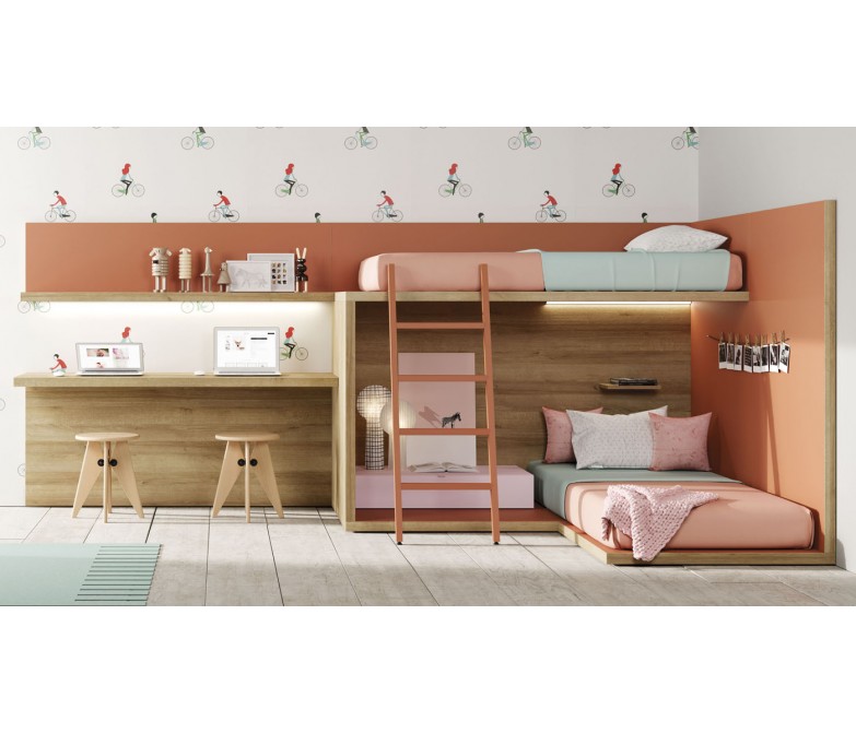 Dormitorio juvenil con litera cubo y escritorio DS143CTTG
