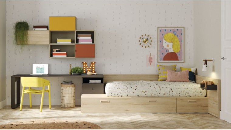 Dormitorio modular juvenil con escritorio y estantes DS143KBX