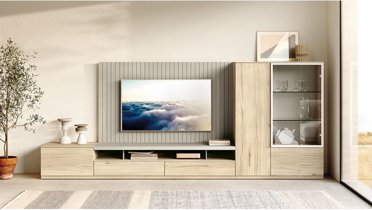 Composición de salón con vitrina y panel TV alistonado DS306C03