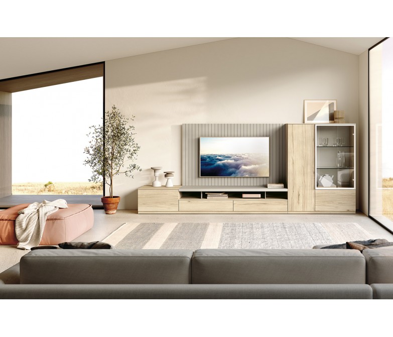 Composición de salón con vitrina y panel TV alistonado DS306C03