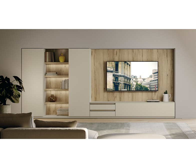Composición de salón con paneles y estantes con luz led DS306C016