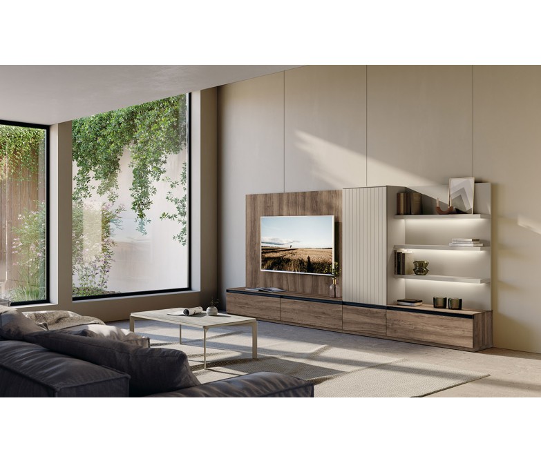 Composición mueble de salón con paneles y estantes con luz DS306C012