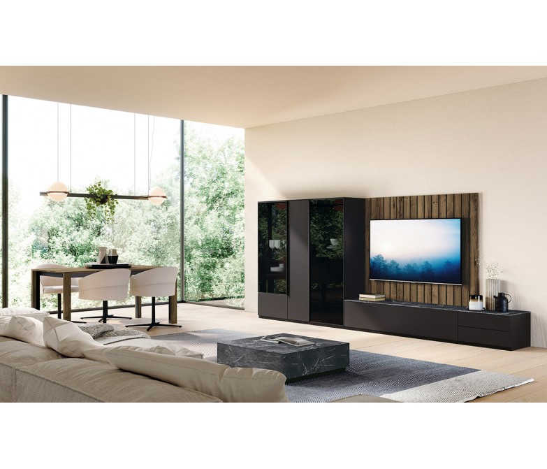Composición de salón moderno con vitrinas y panel TV DS306C015