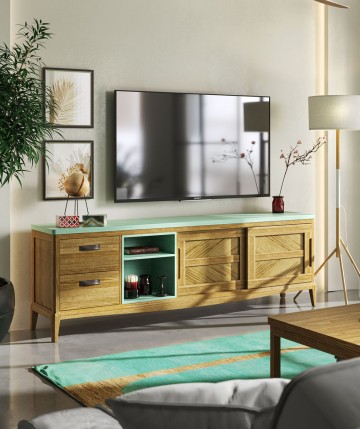 Mueble de madera maciza para TV con 3 cajones para televisores de hasta 65  pulgadas, acabado moderno y contemporáneo marrón