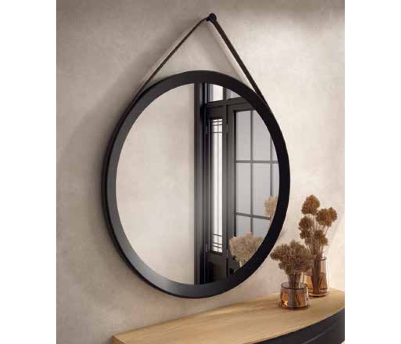 Espejo circular con marco de madera y cincha de polipiel DS51GR