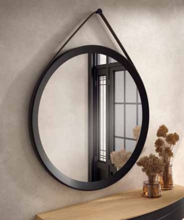 Espejo circular con marco de madera y cincha de polipiel DS51GR