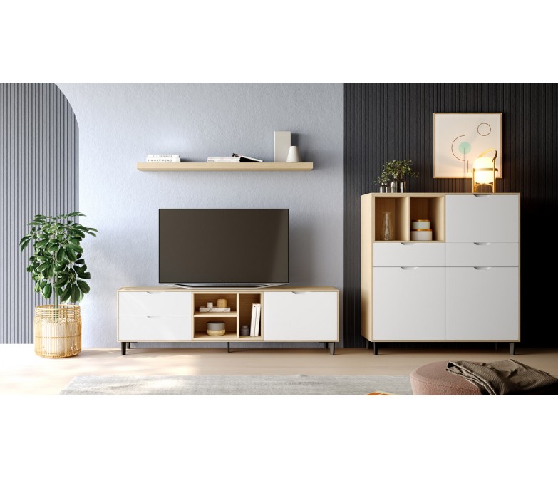 Composición salón en madera natural combinado con lacado en color blanco DS277C09