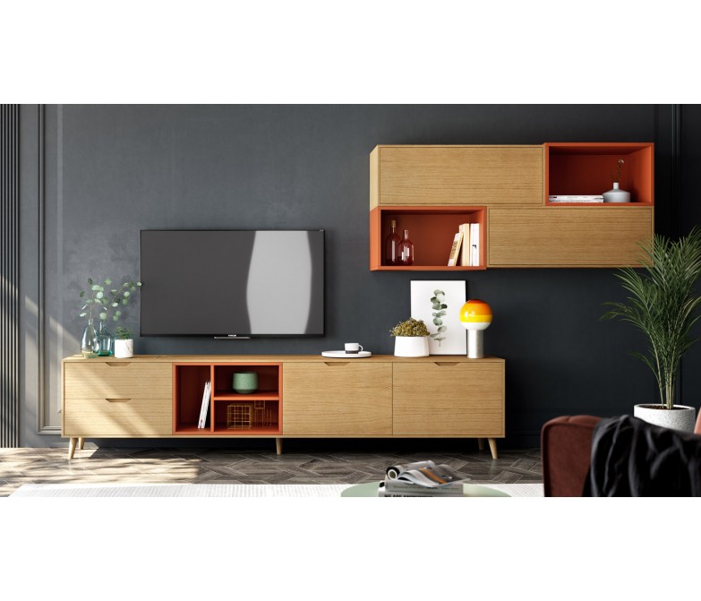 Composición salón de madera natural combinado con lacados en color arcilla DS277C10