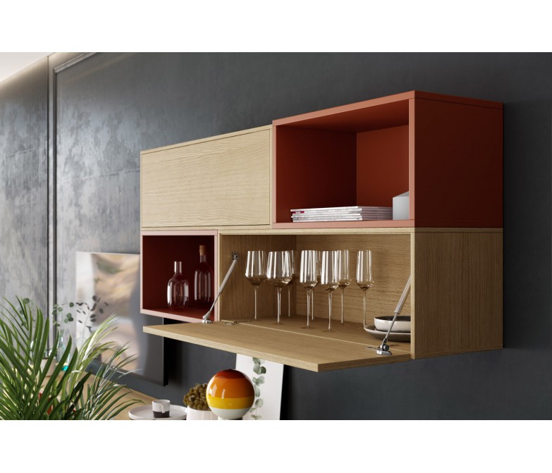 Composición salón de madera natural combinado con lacados en color arcilla DS277C10