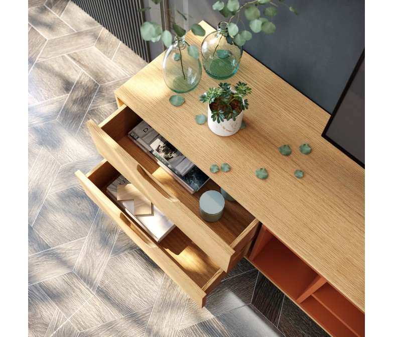 Composición salón de madera natural combinado con lacados en color arcilla DS277C10