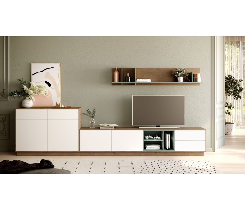 Composición salón en madera natural combinado con lacado en color blanco y verde DS277C14