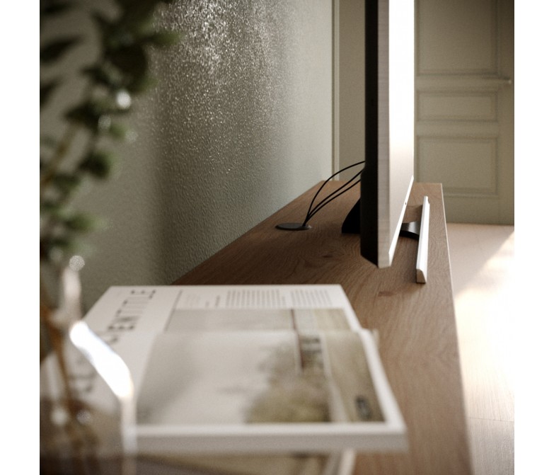 Composición salón en madera natural combinado con lacado en color blanco y verde DS277C14