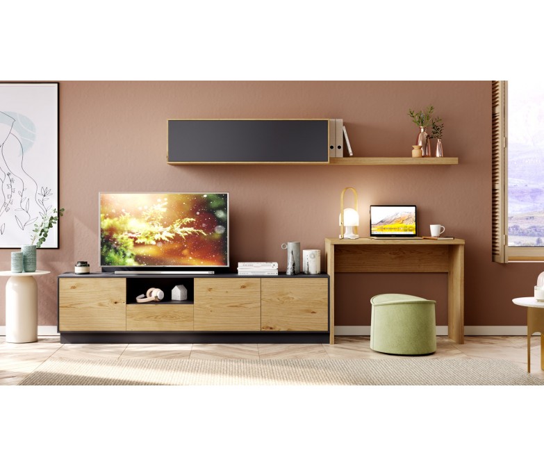 Composición salón con escritorio en madera natural combinado con lacados en color antracita DS277C11