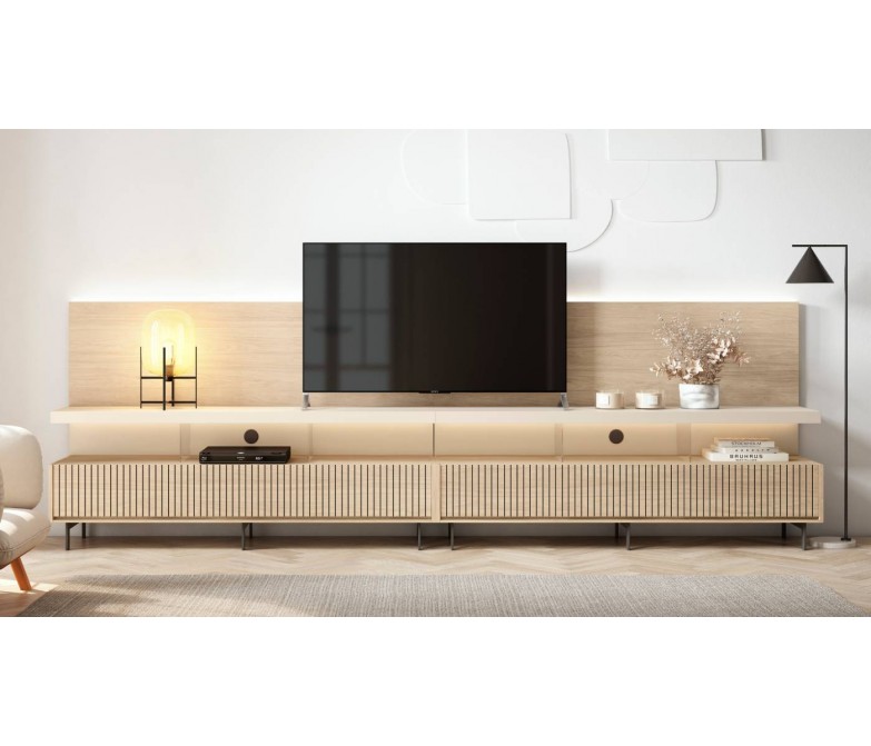 Composición mueble de salón con puertas ranuradas y luz led DS849COMNAT07
