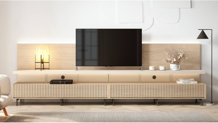 Composición mueble de salón con puertas ranuradas y luz led DS849COMNAT07