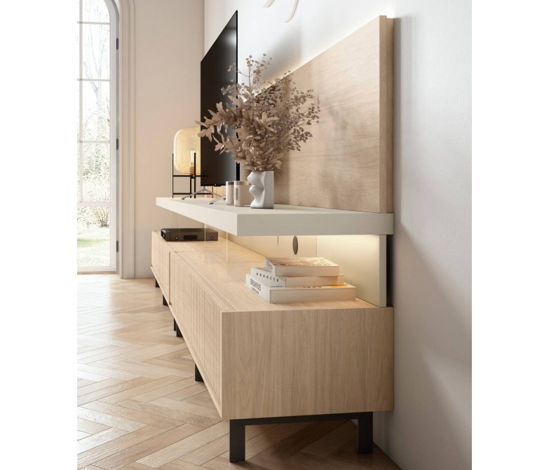 Composición mueble de salón con puertas ranuradas y luz led DS849COMNAT07