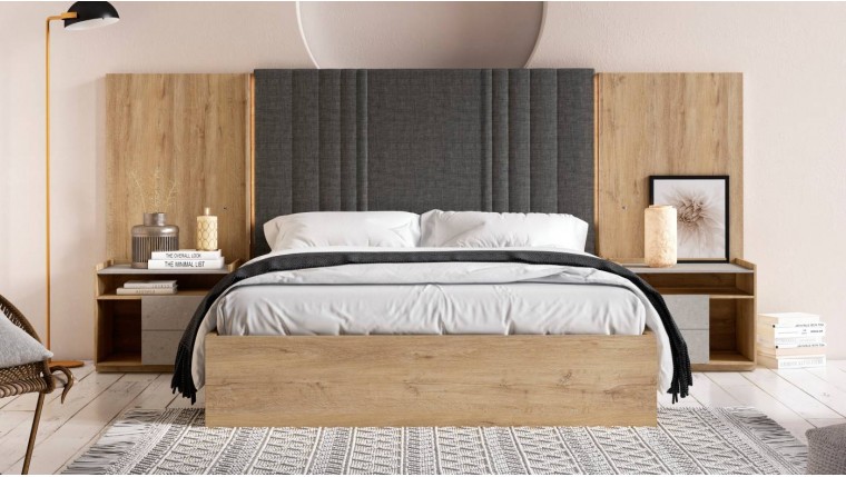 Dormitorio moderno con cama cajonera y cabecero tapizado con luz led DS849BED17