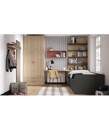 Cama nido juvenil con armario de 2 puertas, estantes y espejo DS430CMP3