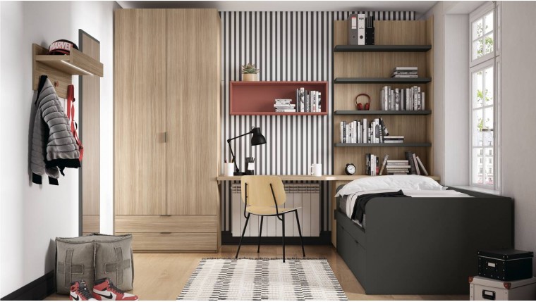 Cama nido juvenil con armario de 2 puertas, estantes y espejo DS430CMP3