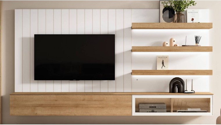 Mueble de salón con panel alistonado con luz led DS45913