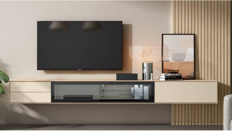 Mueble de salón con panel alistado y con luz led en vitrina DS459BE20