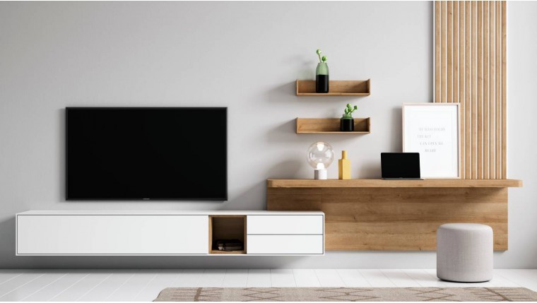 Composición salón con mueble TV y panel alistonado DS459BE30