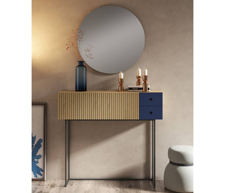 Mueble consola con espejo redondo en chapa natural DS172BRV53