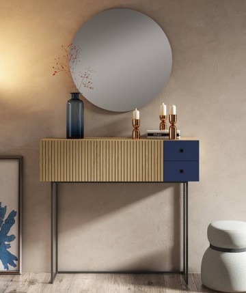 Mueble consola con espejo redondo en chapa natural DS172BRV53