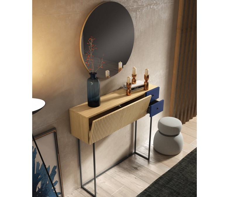 Mueble consola con espejo redondo en chapa natural DS172BRV53