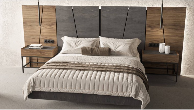 Dormitorio de matrimonio compuesto por cabezal y 2 mesitas DS117NG02B