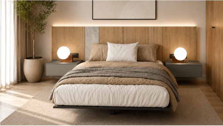 Dormitorio moderno con cabecero de madera y mármol DS700CMP1