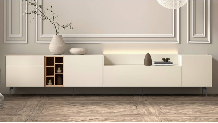 Aparador moderno en color arena con detalles en madera DS648B002