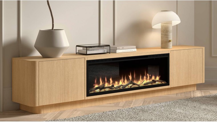 Mueble de salón con chimenea integrada y acabado en madera DS648B020