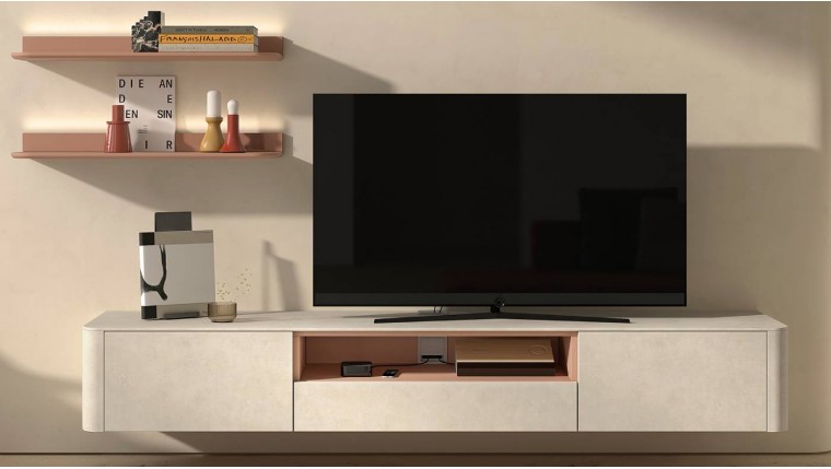 Mueble de TV moderno en acabado piedra con estantes decorativos DS648B030