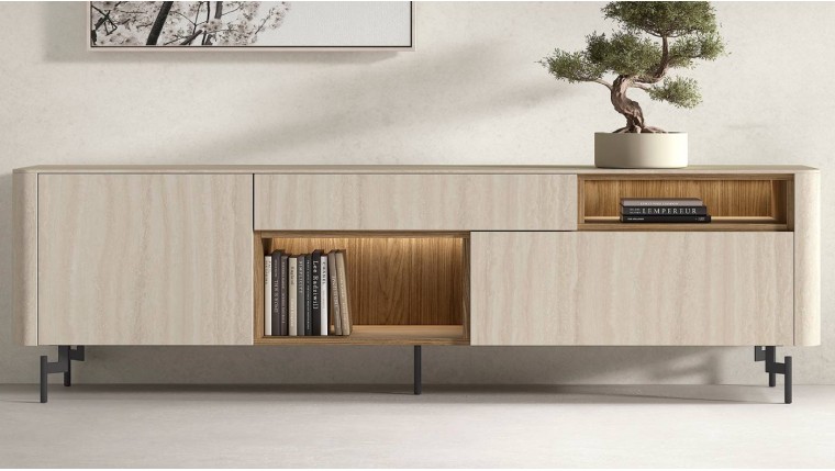 Aparador moderno en acabado efecto piedra con detalles en madera DS648B034
