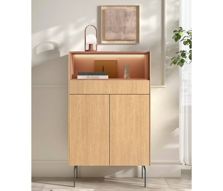 Aparador alto moderno en acabado madera natural y terracota DS648B060