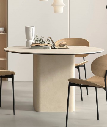 Mesa de comedor redonda con base central en acabado piedra DS648B068