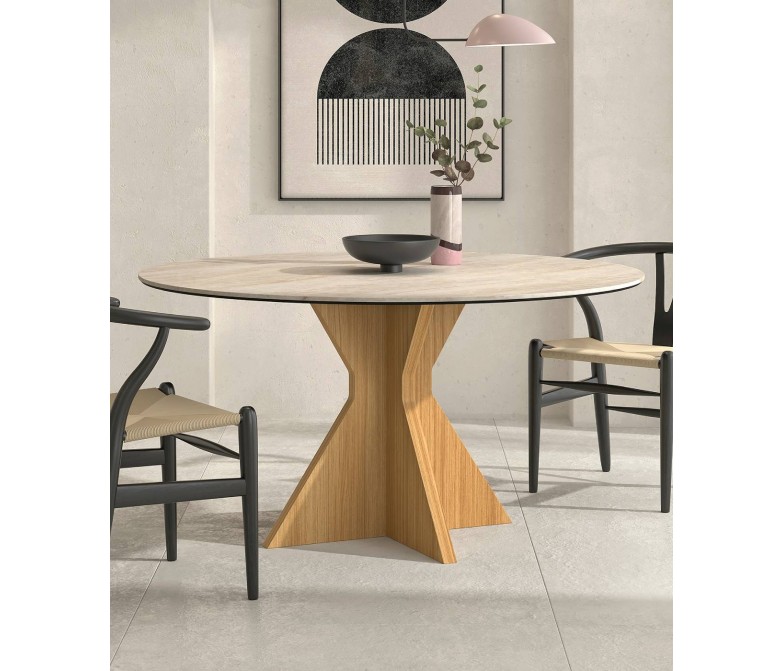 Mesa de comedor redonda con base escultórica en acabado madera DS648B071