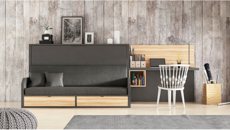 Cama abatible con sofá tapizado y escritorio