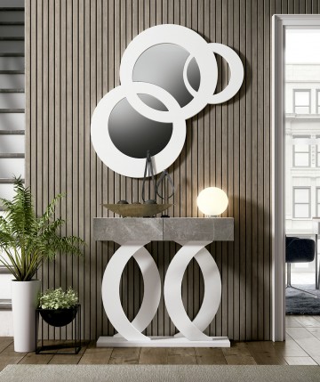 Mueble recibidor y espejo con círculos y diseño contemporáneo