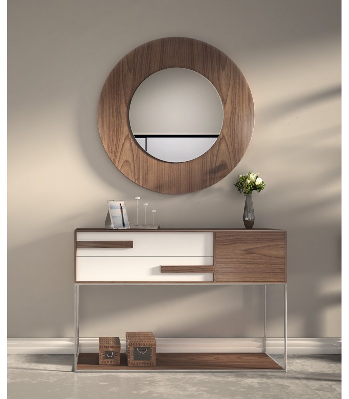 Composición para recibidor formada por espejo circular y mueble