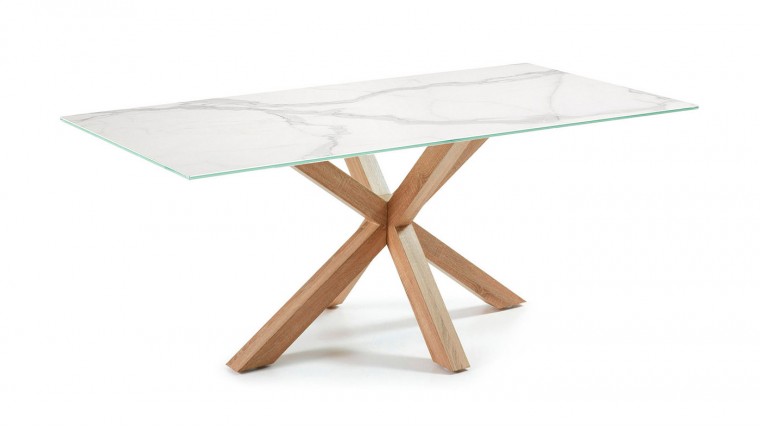 Mesa de comedor rectangular con sobre porcelánico y patas de acero efecto madera DS340RY